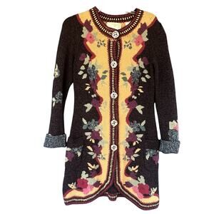 Sparrow Cardigan Womens Small Yellow Brown Lambswool Floral Longline Boho Floral